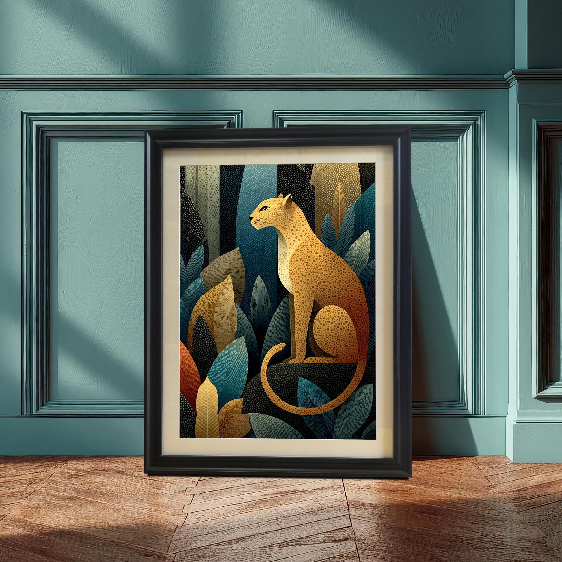 A framed art print of a golden leopard sitting among stylized blue, teal, and gold foliage, leaning against a dark teal paneled wall in sunlight.