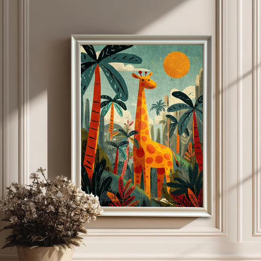 A framed giraffe print in a White Frame leaning against a decorative white wainscoted wall. A potted plant with white flowers is on the lower left. Sunlight streams in from the side, casting shadows on the wall.
