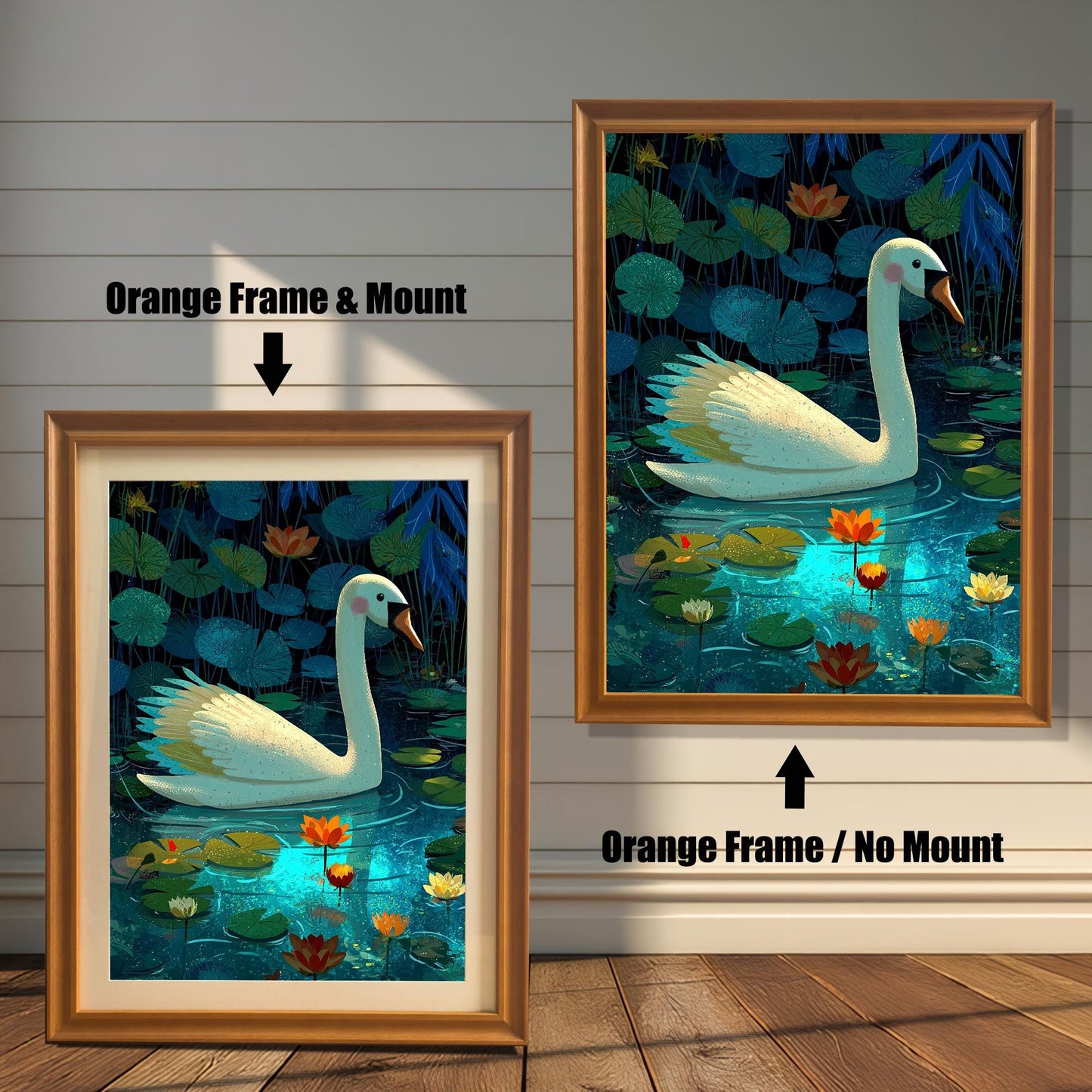 A framed art print of a white swan in a lily pond. The image is shown in two framing options: one on the right with an Orange Frame / No Mount, and one on the left with an Orange Frame & Mount (which includes a white mat around the print).