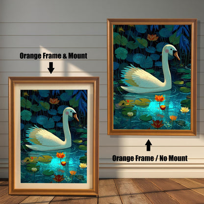 A framed art print of a white swan in a lily pond. The image is shown in two framing options: one on the right with an Orange Frame / No Mount, and one on the left with an Orange Frame & Mount (which includes a white mat around the print).
