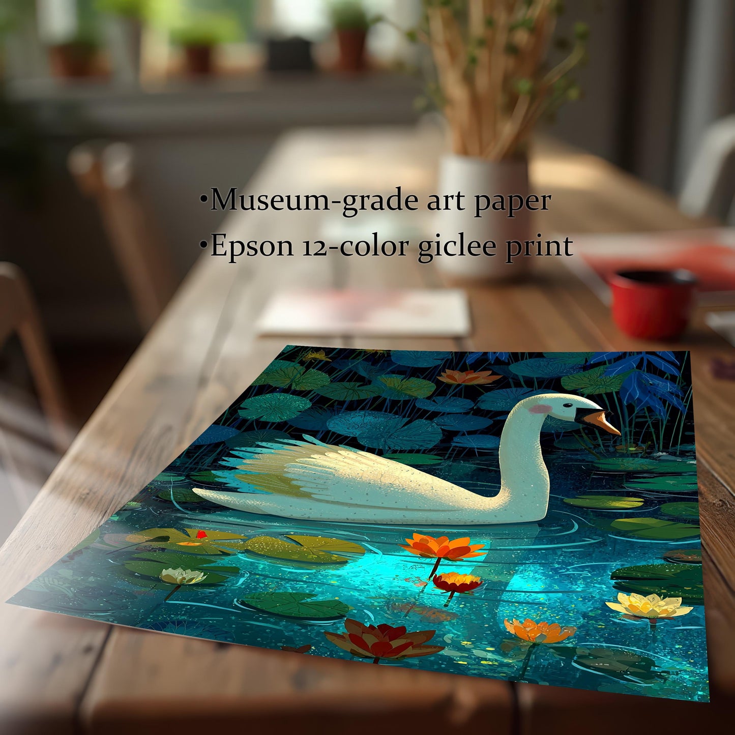A close-up shot of the art print itself, featuring a white swan and colorful lily pads on a dark blue pond. Text highlights the print quality: Museum-grade art paper and Epson 12-color giclee print.