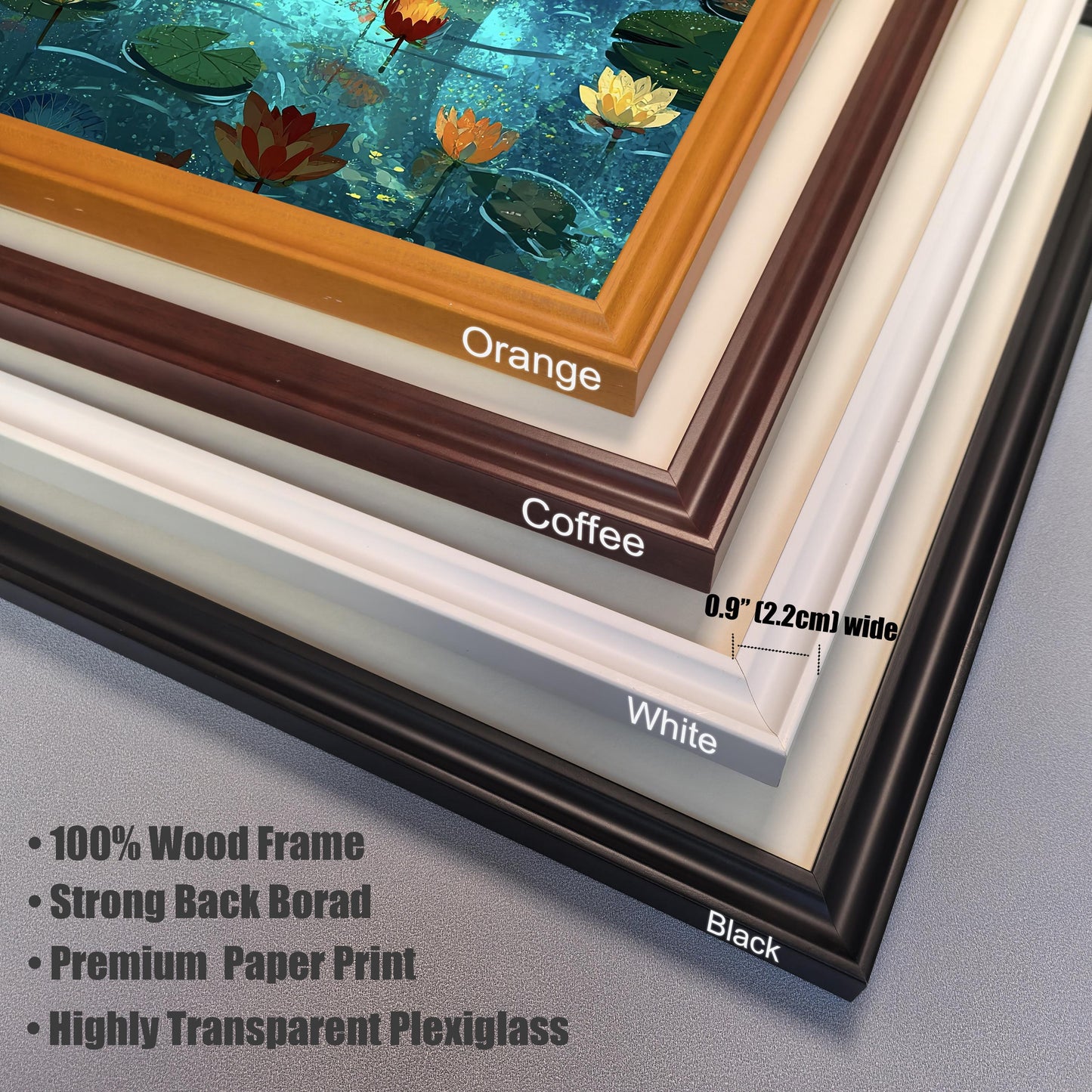 A close-up view showing the corners of four different frame color options stacked on top of each other: Orange, Coffee (dark brown), White, and Black. Text highlights frame specifications: 0.9" (2.2cm) wide, 100% Wood Frame, Strong Back Board, Premium Paper Print, and Highly Transparent Plexiglass.