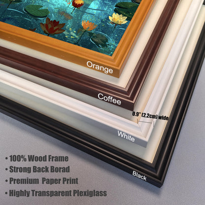 A close-up view showing the corners of four different frame color options stacked on top of each other: Orange, Coffee (dark brown), White, and Black. Text highlights frame specifications: 0.9" (2.2cm) wide, 100% Wood Frame, Strong Back Board, Premium Paper Print, and Highly Transparent Plexiglass.