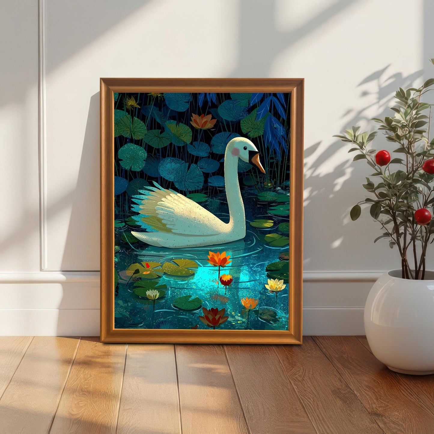 A framed art print of a white swan in a lily pond, set in an Orange/Wood frame, leaning against a white wall next to a large white planter with a small red-berried plant.
