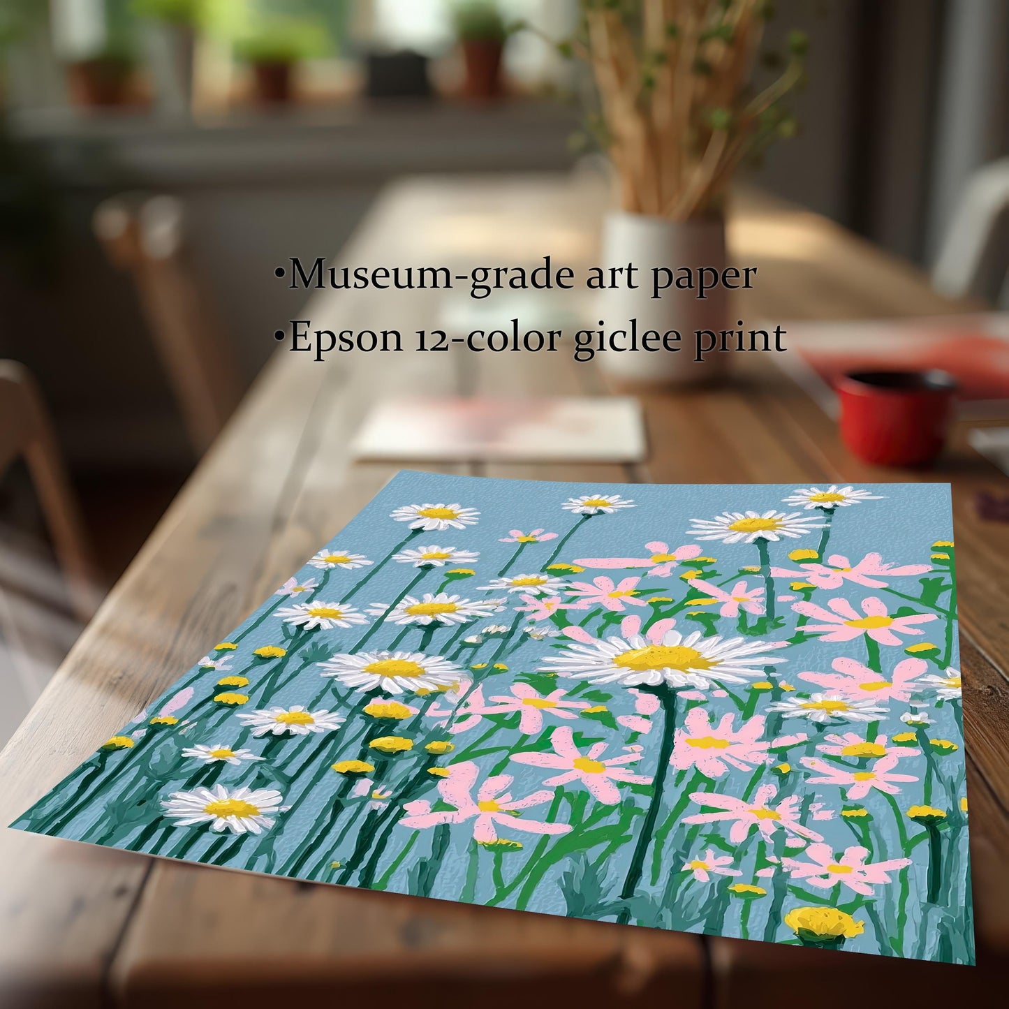 A close-up shot of the daisy field art print on a wooden table. Text highlights the print quality: Museum-grade art paper and Epson 12-color giclee print.