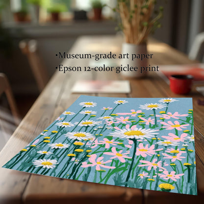 A close-up shot of the daisy field art print on a wooden table. Text highlights the print quality: Museum-grade art paper and Epson 12-color giclee print.