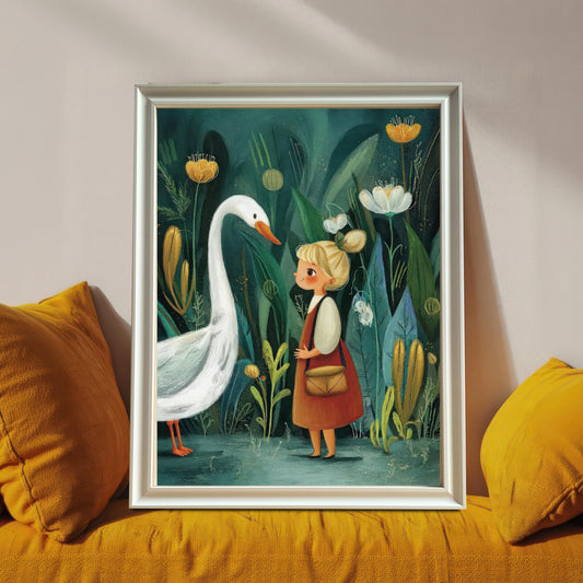 A framed art print of the girl and goose illustration, set in a White frame (no visible mount), leaning on a sofa between two bright yellow pillows.