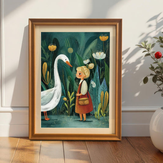 A framed art print of the girl and goose illustration, set in an Orange/Wood frame with a mat, leaning against a white wall next to a large white planter.