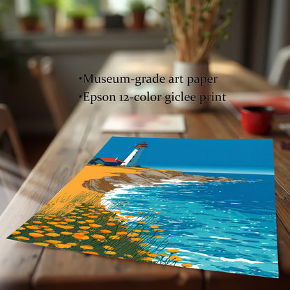 A close-up shot of the art print itself, featuring a white lighthouse on a yellow and rocky coastline overlooking turquoise water, with a field of orange flowers in the foreground. Text highlights the print quality: Museum-grade art paper and Epson 12-color giclee print.