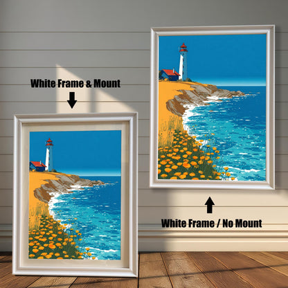A framed art print of the lighthouse illustration, shown in two options with a White Frame: one on the right with No Mount, and one on the left with a Mount (a light-colored mat).