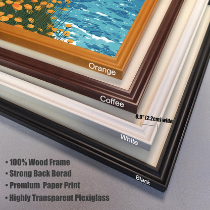 A close-up view showing the corners of four frame color options stacked on top: Orange, Coffee (dark brown), White, and Black. Text specifies frame details: 0.9" (2.2cm) wide, 100% Wood Frame, Strong Back Board, Premium Paper Print, and Highly Transparent Plexiglass.