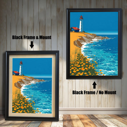A framed art print of the lighthouse illustration, shown in two options with a Black Frame: one on the right with No Mount, and one on the left with a Mount (a light-colored mat).