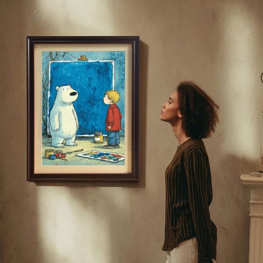 A woman with curly hair, wearing a striped shirt, standing in a dim room and looking up at the framed print, which is hanging on the wall in a Coffee Frame & Mount.