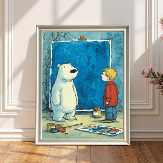A framed art print of a polar bear and a small boy looking at a large blue canvas. The frame is White (or light-colored), and the print is leaning on a hardwood floor against a white, decorative wainscoted wall. There is a vase with pink flowers on the right.