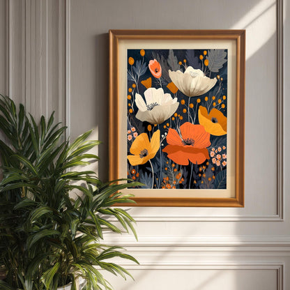 The framed abstract poppy artwork is hanging on a dark gray paneled wall. The Orange/light brown wooden frame includes a mount (matting). A large green houseplant is visible in the foreground.