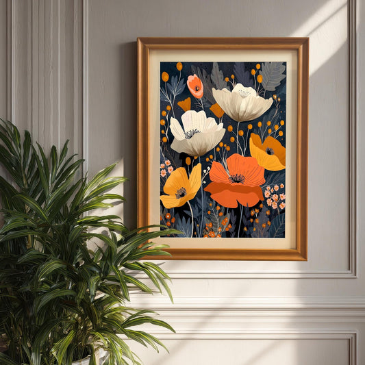 The framed abstract poppy artwork is hanging on a dark gray paneled wall. The Orange/light brown wooden frame includes a mount (matting). A large green houseplant is visible in the foreground.