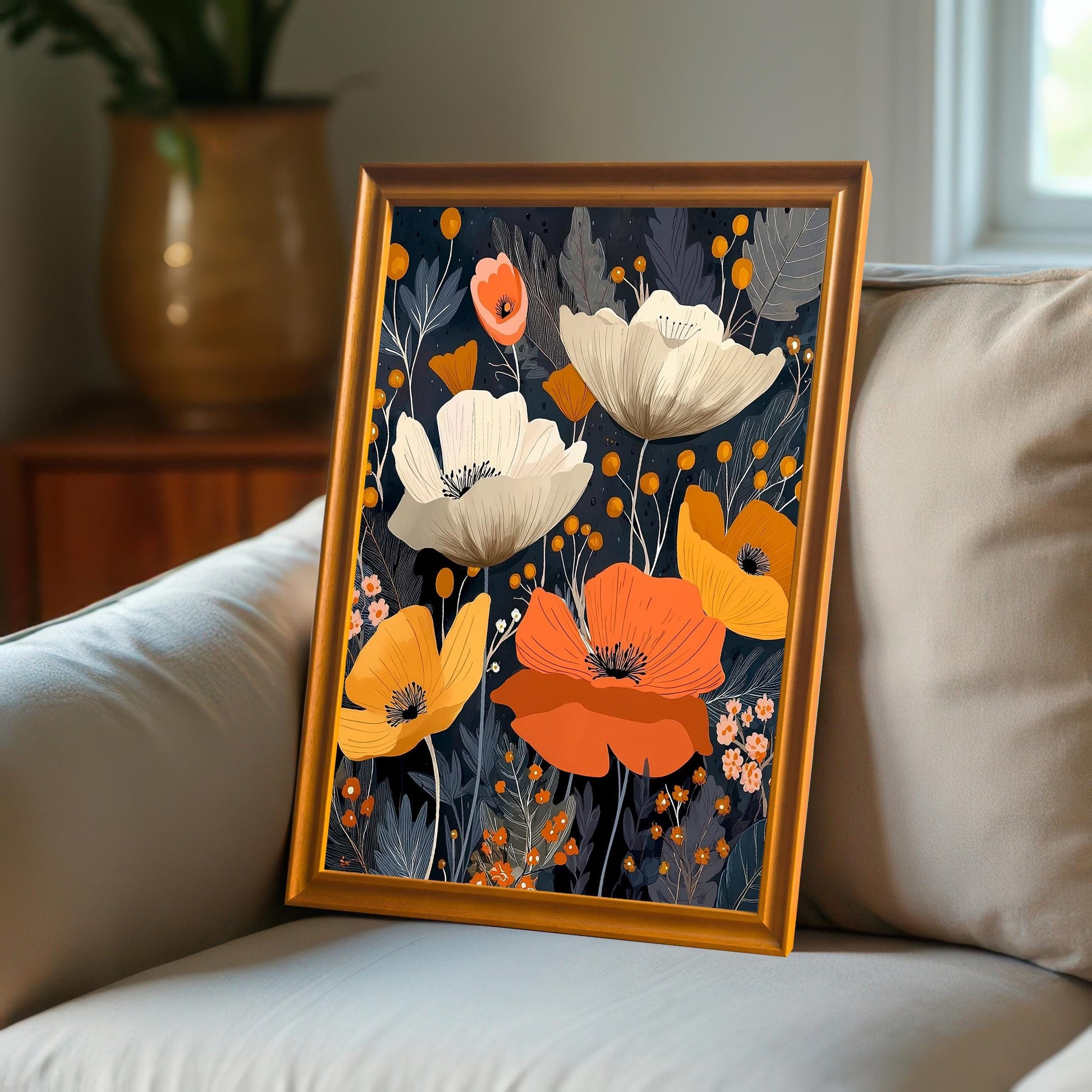 The abstract poppy artwork, in an Orange/light brown wooden frame with a mount (matting), is leaning on a light-colored sofa near a window and a large potted plant.