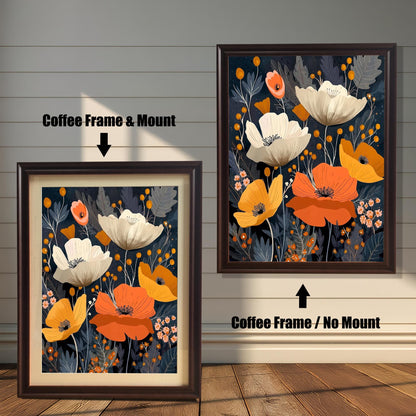 Comparison of the artwork, featuring white and orange poppies on a dark background, with a Coffee Frame & Mount (matting) on the left, and a Coffee Frame / No Mount (no matting) on the right, against a white shiplap wall.