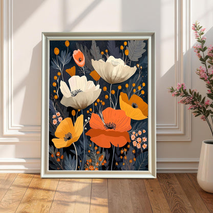 The abstract poppy artwork in a white frame is leaning against a white paneled wall and dark wood floor, next to a vase with pink flowers. Sunlight casts shadows on the wall.