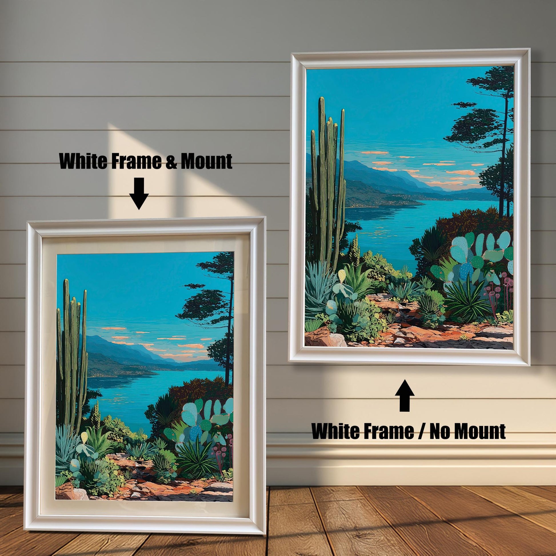 Comparison of the artwork with a White Frame & Mount (matting) on the left, and a White Frame / No Mount (no matting) on the right, against a white shiplap wall.