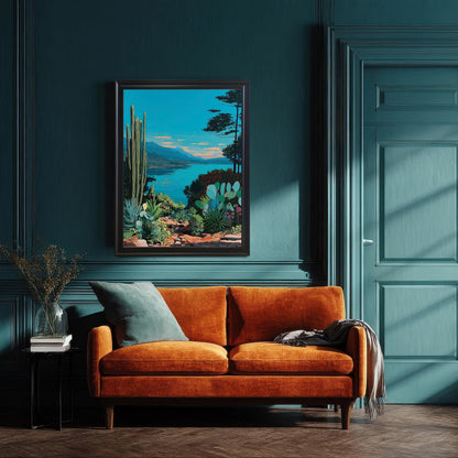 Framed artwork of a vibrant, blue lakeside desert landscape with cacti and succulents, hanging on a dark teal wall above an orange sofa. The frame is black and the room has wainscoting and a matching door.