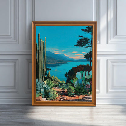 The artwork displayed in a brown wooden (Coffee) frame is leaning on a white panel wall next to the floor, with bright sunlight highlighting the textures of the wall.