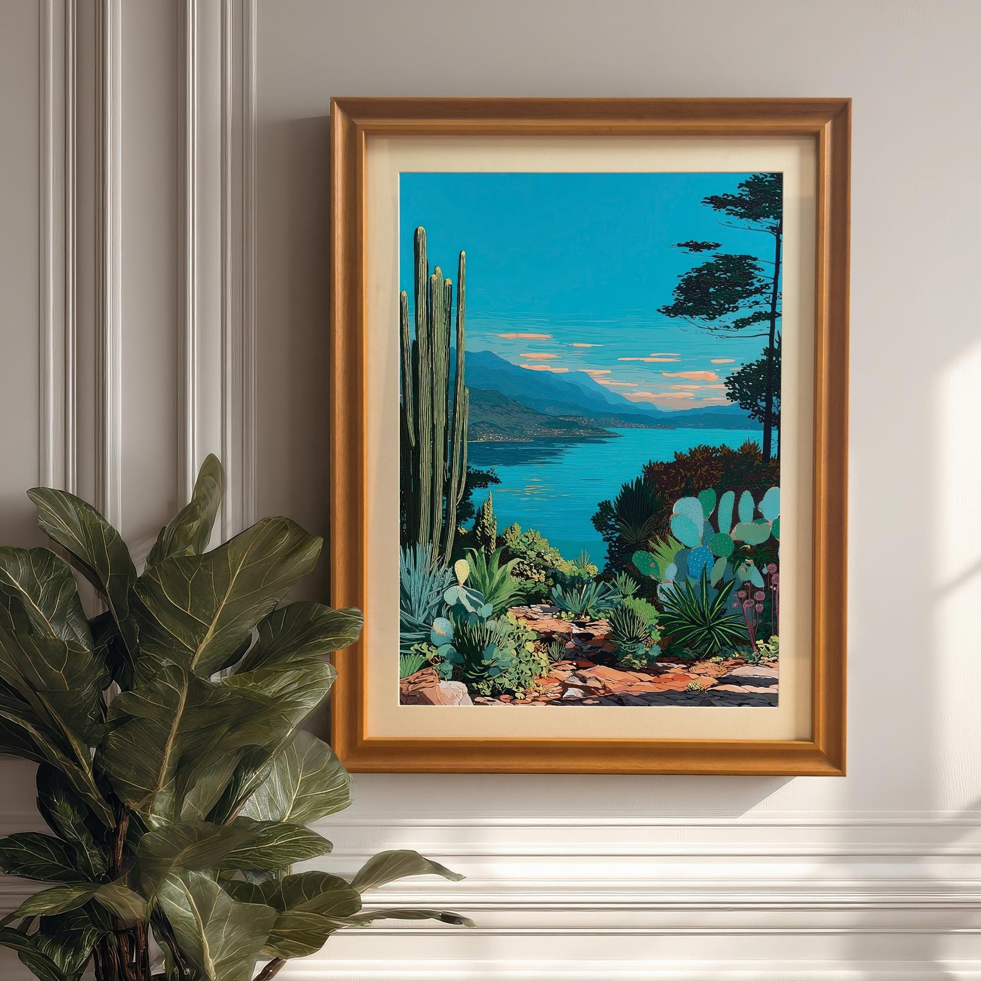 The artwork displayed in an Orange/light brown wooden frame with a mount (matting) is hanging on a white panel wall. A large green houseplant is visible in the foreground.