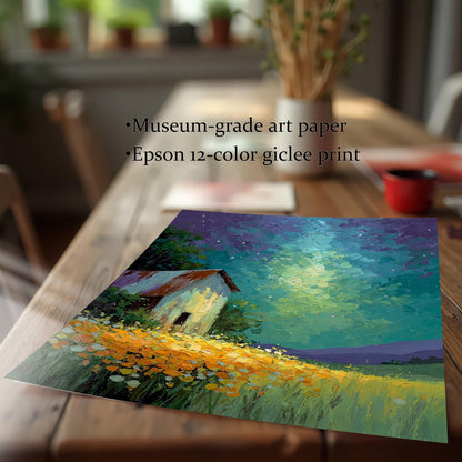 Close-up of a high-quality print of the barn artwork on a wooden table, showing its texture and colors. Text highlights features: Museum-grade art paper and Epson 12-color giclee print.