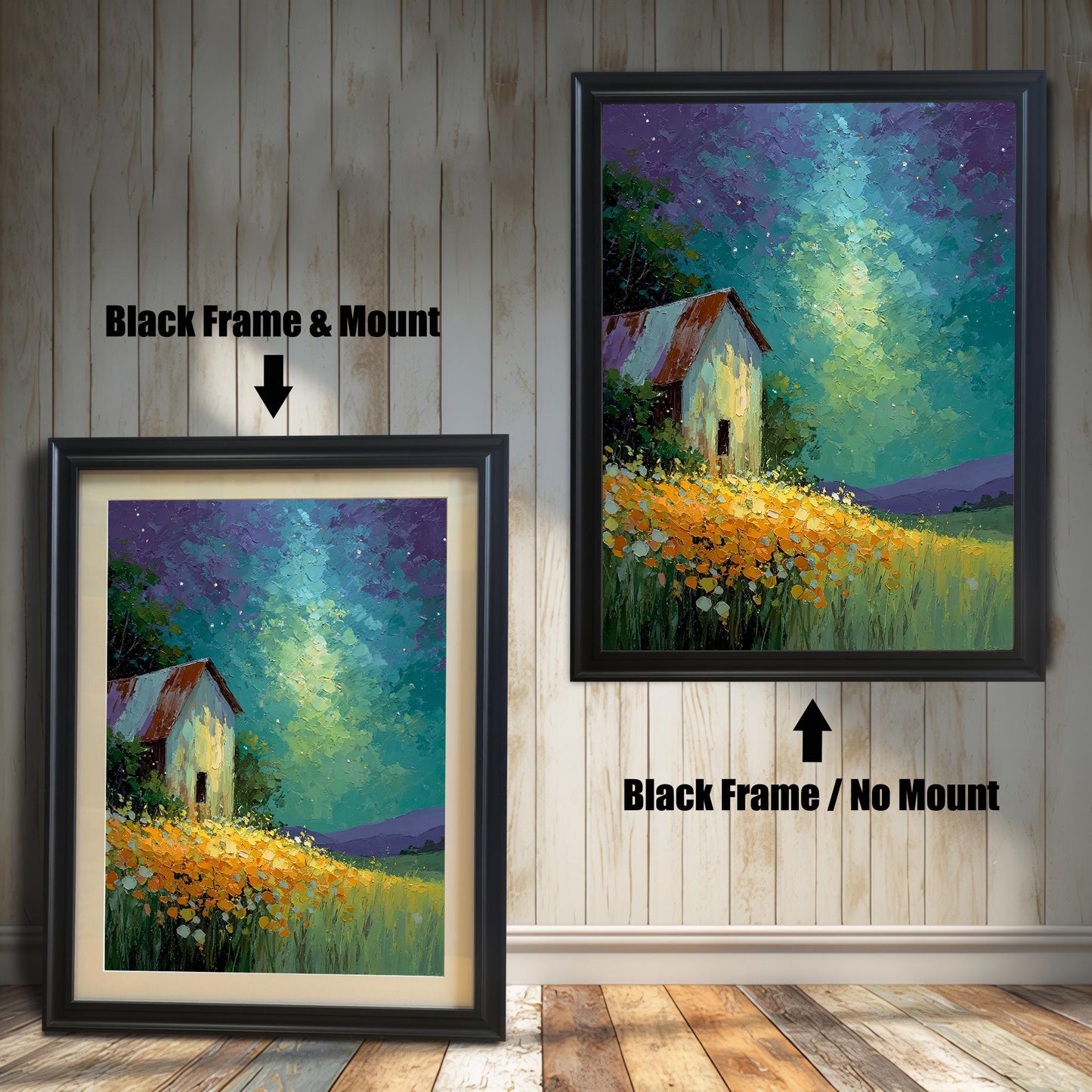 Two framed barn prints on a white wood wall. One shows a Black Frame & Mount (matting), and the other a Black Frame / No Mount. Arrows highlight the difference in mounting.