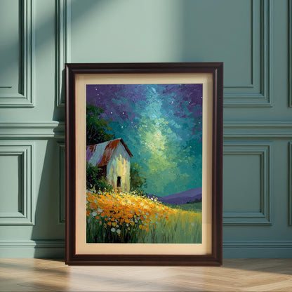 Artwork of a barn under a starry sky, framed in dark Coffee wood with a mat, leaning on a wooden floor against a paneled teal-colored wall with sunlight shining on it.