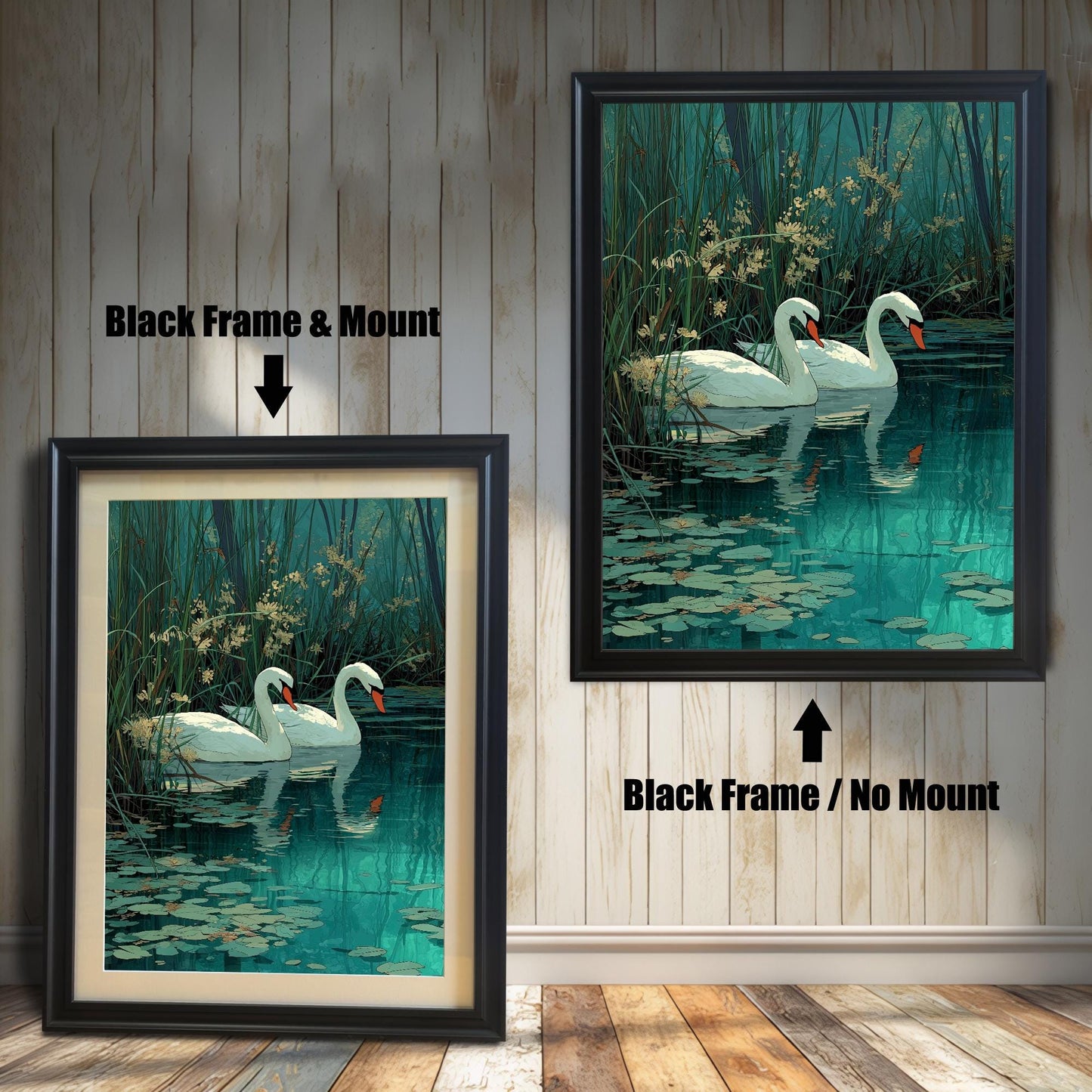 Two framed swan prints on a white wood wall. One shows a Black Frame & Mount (matting), and the other a Black Frame / No Mount. Arrows indicate the mounting difference.