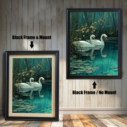 Two framed swan prints on a white wood wall. One shows a Black Frame & Mount (matting), and the other a Black Frame / No Mount. Arrows indicate the mounting difference.