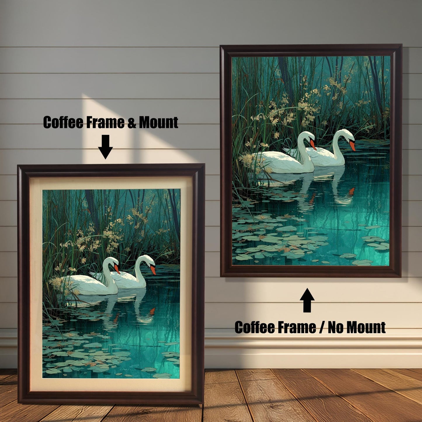 Two framed swan prints on a white wood wall. One shows a Coffee Frame & Mount (matting), and the other a Coffee Frame / No Mount. Arrows highlight the difference in mounting.