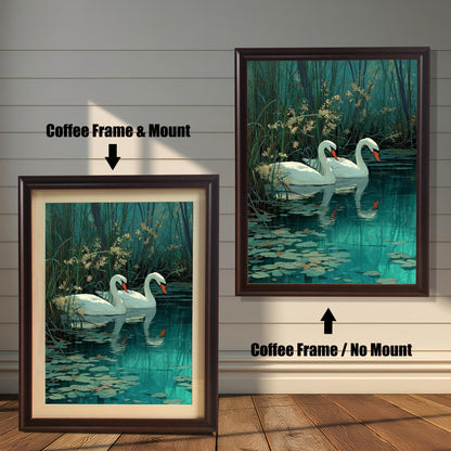 Two framed swan prints on a white wood wall. One shows a Coffee Frame & Mount (matting), and the other a Coffee Frame / No Mount. Arrows highlight the difference in mounting.