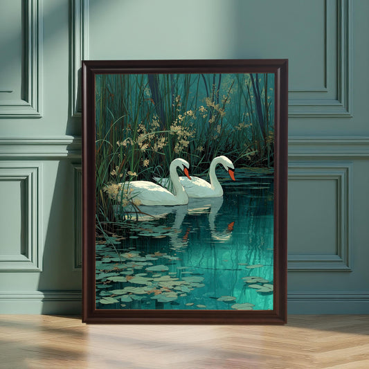 Artwork of two white swans in dark, reedy water, framed in a dark Coffee wood, leaning on a wood floor against a dark teal wainscot wall.