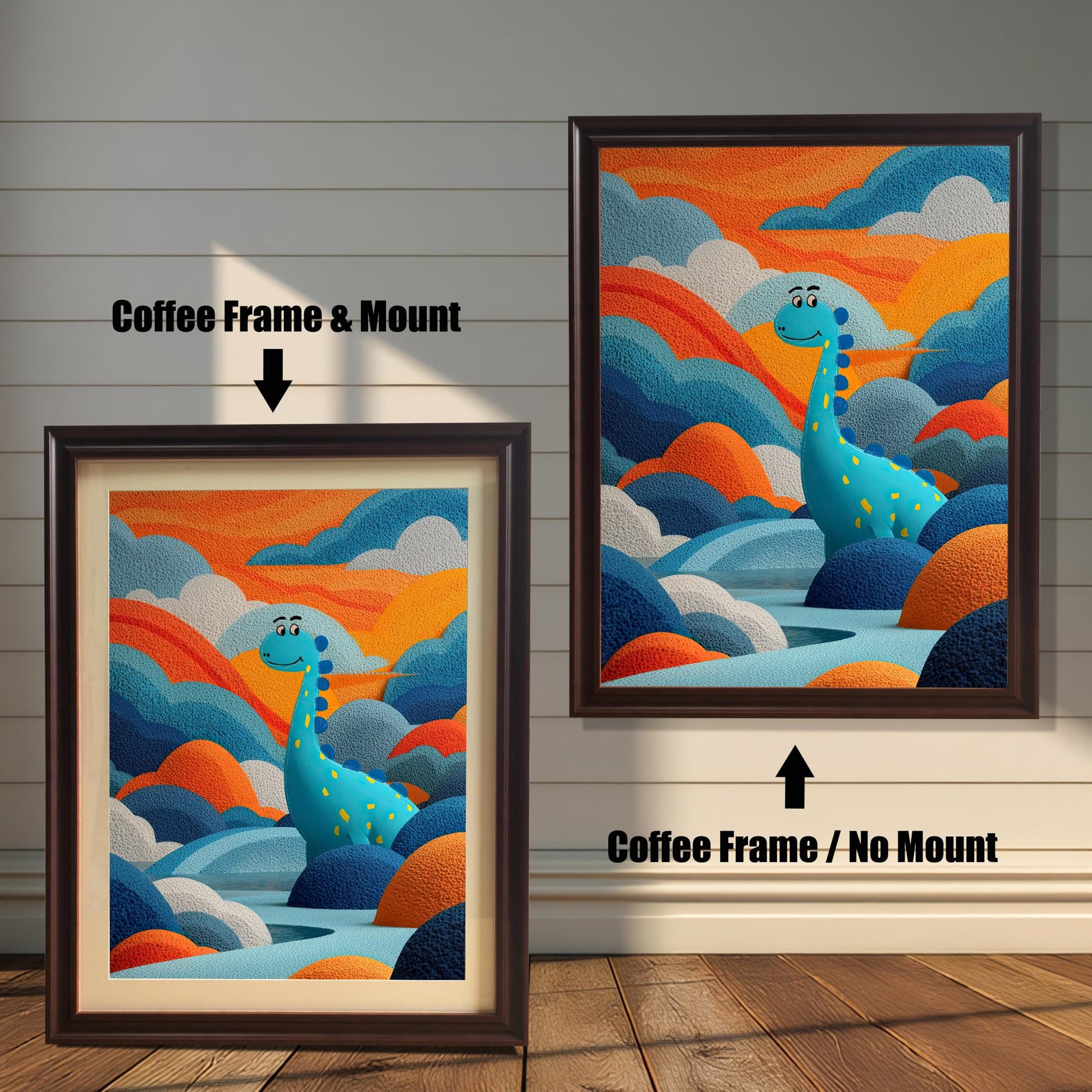 Two framed dinosaur prints on a white wood wall. One shows a Coffee Frame & Mount (matting), and the other a Coffee Frame / No Mount. Arrows highlight the difference.