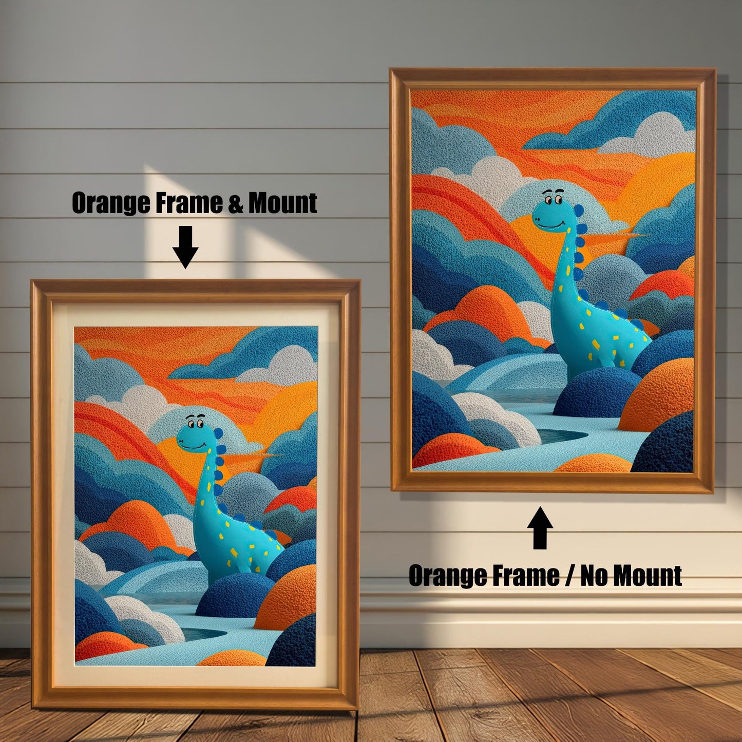Two framed dinosaur prints on a white wood wall. One shows an Orange Frame & Mount (matting), and the other an Orange Frame / No Mount. Arrows highlight the difference.