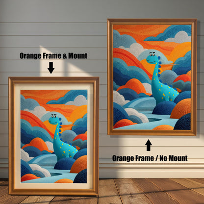 Two framed dinosaur prints on a white wood wall. One shows an Orange Frame & Mount (matting), and the other an Orange Frame / No Mount. Arrows highlight the difference.