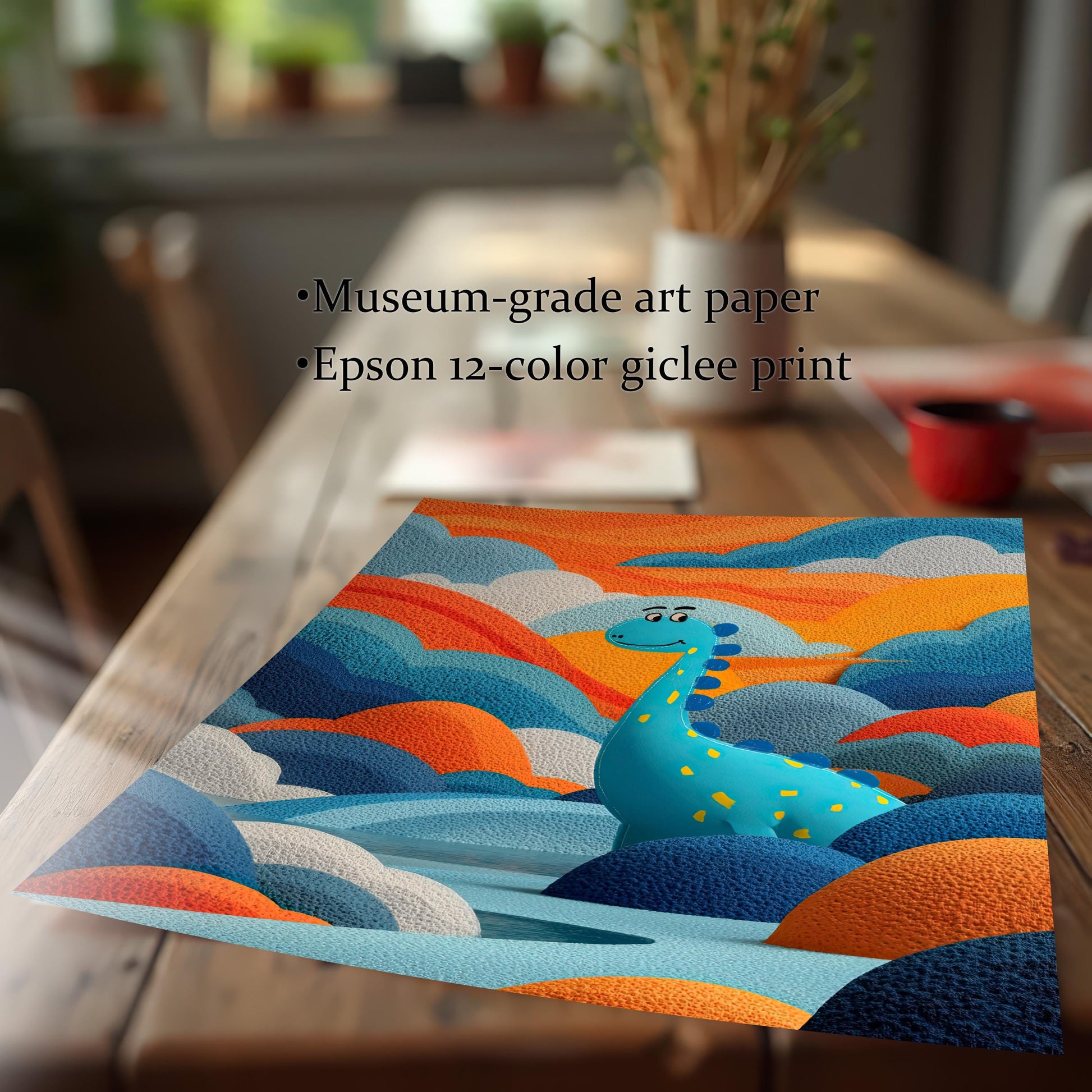 Close-up of a high-quality print of the dinosaur artwork on a wooden table, showing its textured, colorful detail. Text highlights features: Museum-grade art paper and Epson 12-color giclee print.
