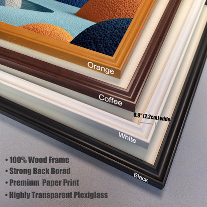 Close-up of four layered picture frame corners labeled Orange, Coffee, White, and Black. Text lists features: 100% Wood Frame, Strong Back Borad, Premium Paper Print, and Highly Transparent Plexiglass.