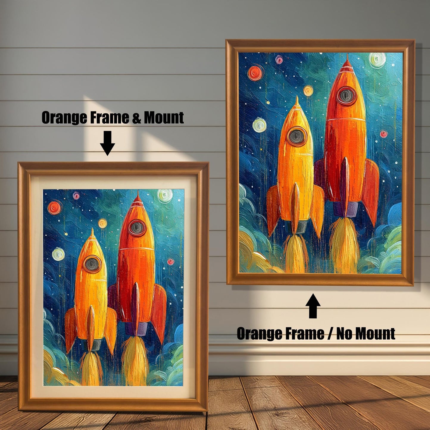 Two framed rocket prints on a white wood wall. One shows an Orange Frame & Mount (matting), and the other an Orange Frame / No Mount. Arrows highlight the difference.