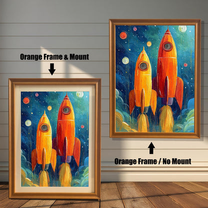 Two framed rocket prints on a white wood wall. One shows an Orange Frame & Mount (matting), and the other an Orange Frame / No Mount. Arrows highlight the difference.