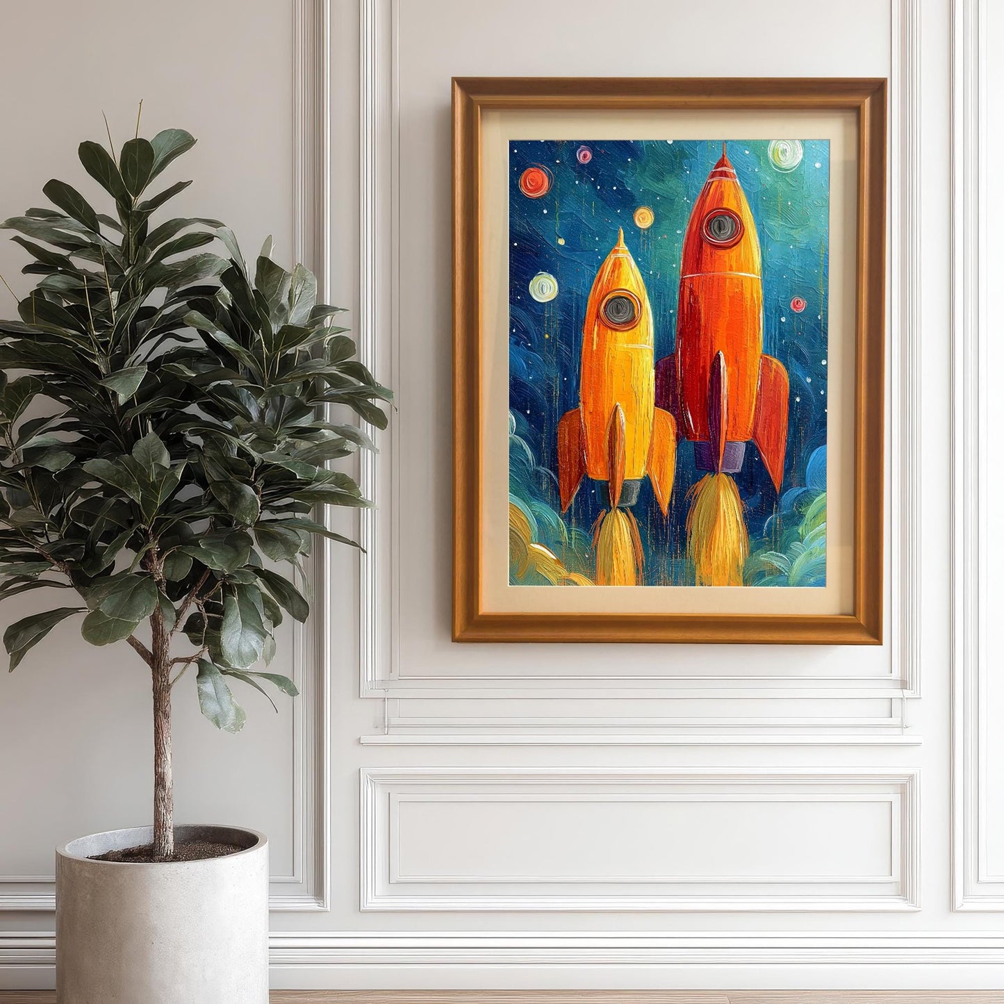 Oil painting of two rockets launching, framed in an Orange wood frame, hanging on a white wainscot wall next to a large potted green plant with dark leaves.