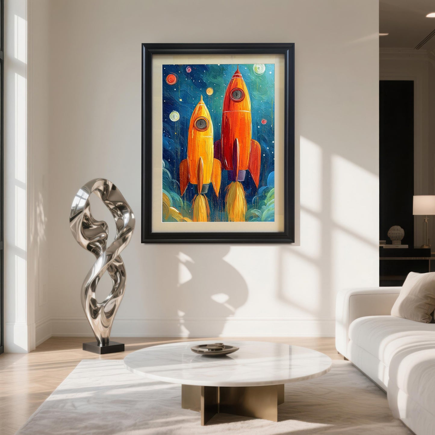 Oil painting of two rockets launching, framed in a Black wood frame, hanging in a modern, well-lit living room above a white marble coffee table and next to a silver sculpture.