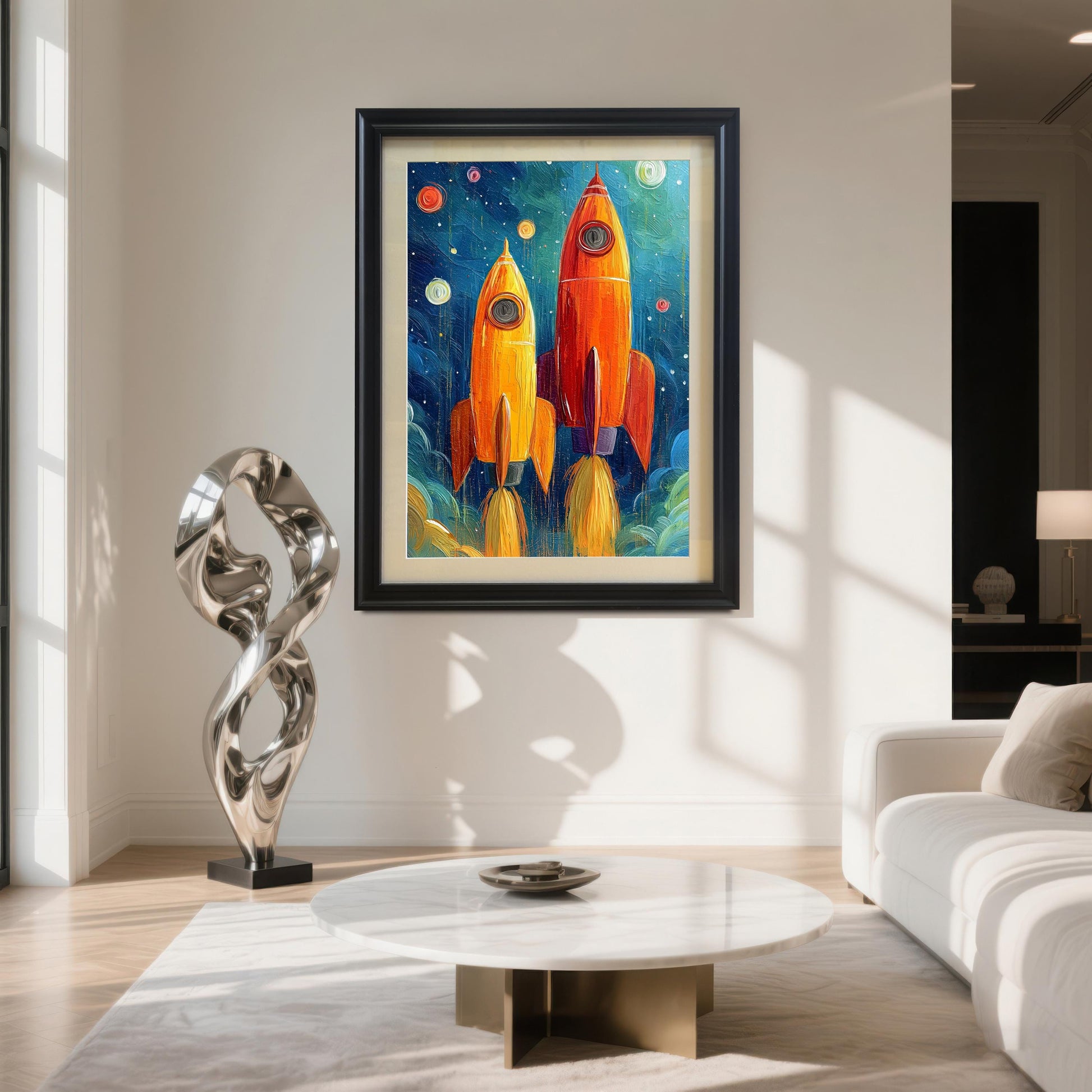 Oil painting of two rockets launching, framed in a Black wood frame, hanging in a modern, well-lit living room above a white marble coffee table and next to a silver sculpture.