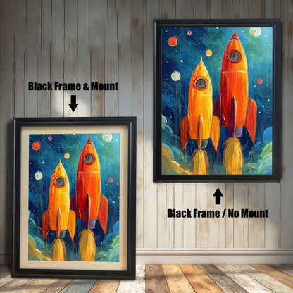 Two framed rocket prints on a white wood wall. One shows a Black Frame & Mount (matting), and the other a Black Frame / No Mount. Arrows indicate the difference in mounting.