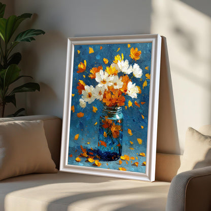 Oil painting of white and orange flowers in a blue glass jar, framed in a White frame (no mount). The framed art leans on a cream-colored sofa next to a pillow and a potted plant.