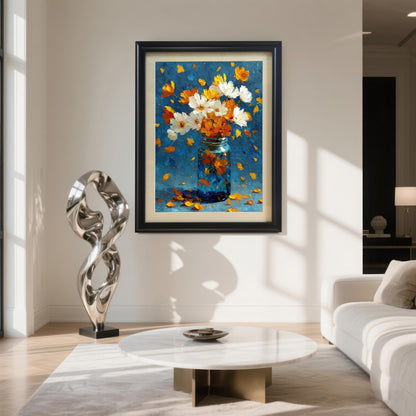 Large framed floral painting in a Black frame with a mount, hung on a bright white wall in a modern living room with a white sofa and marble coffee table.