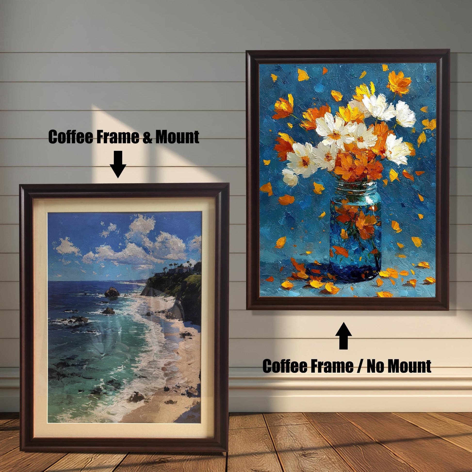 Two framed artworks with Coffee (dark brown) frames. The image on the left is a coastal landscape with a cliff and beach, shown with a Mount. The image on the right is a floral painting, shown with No Mount.