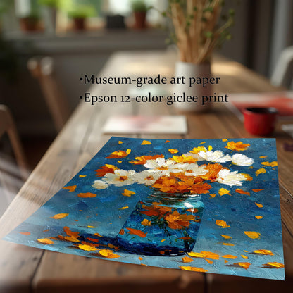 Close-up of the unframed painting of white and orange flowers in a blue jar, lying on a wooden table. Text highlights the quality: Museum-grade art paper and Epson 12-color giclee print.
